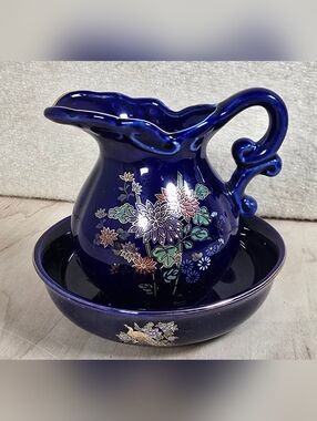 Brinn’s Cobalt Blue Pitcher Bowl Set Floral Gold Trim Taiwan Vintage 4"